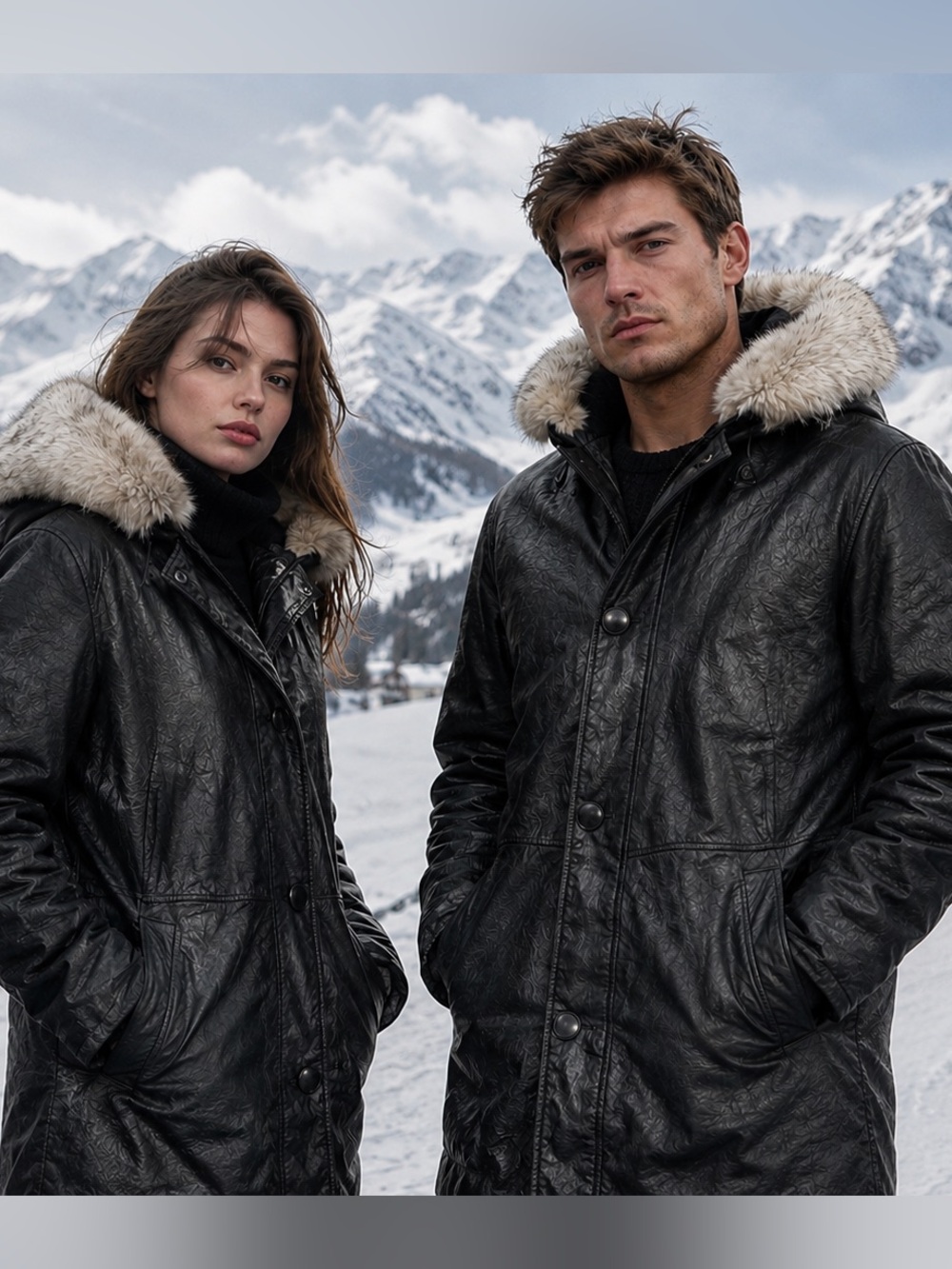 VTG Golet Black Leather Coat FurTrim Unisex apres ski winter